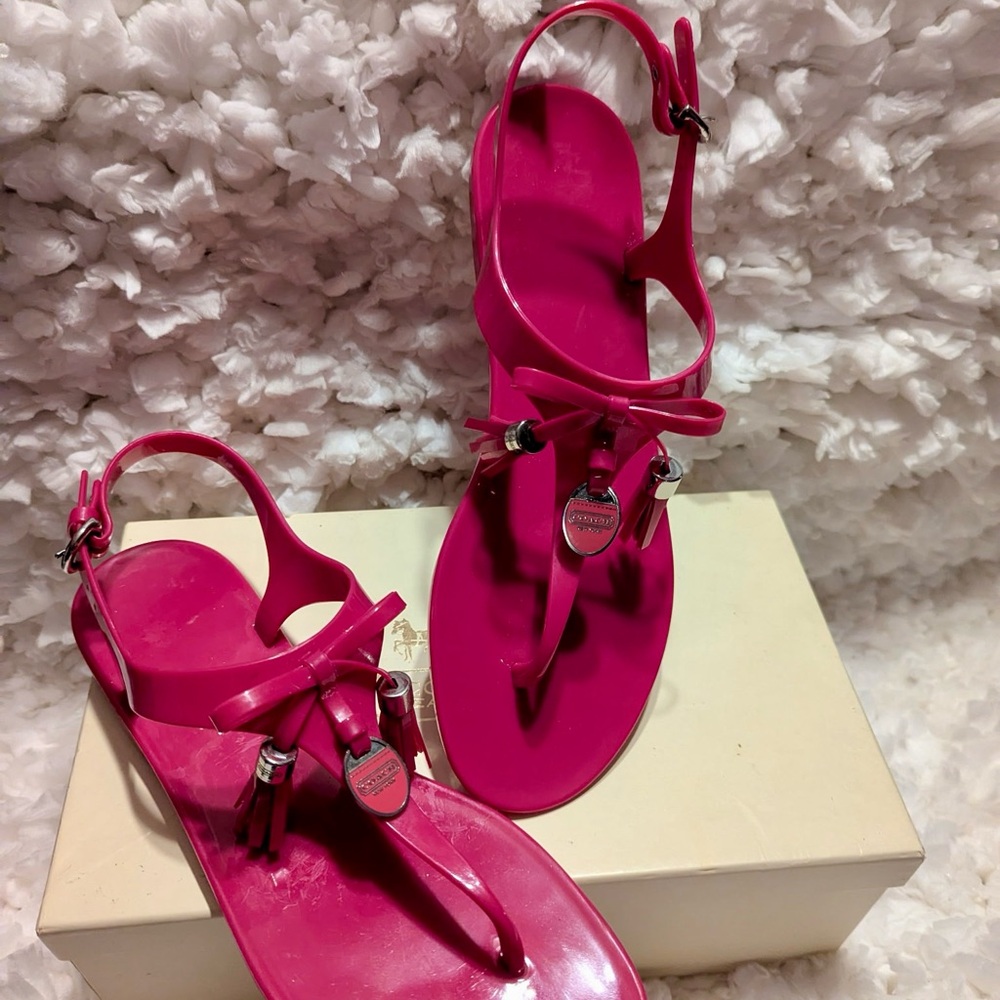 Coach Pink T-Strap Jelly Fuchsia Pink  Sandals with Metallic Accents - Picture 4 of 12